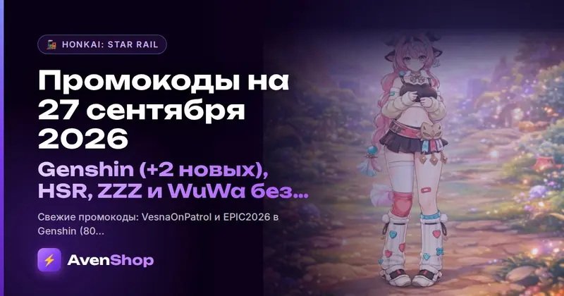 Промокоды на 27 сентября 2026: Genshin (+2 новых), HSR, ZZZ и WuWa без изменений